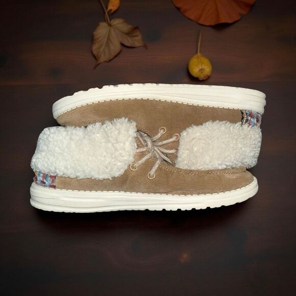 Women’s Hey Dude Britt Fold Slip-On Corduroy Nut Faux Fur Slip On Shoes Size 7 - Picture 7 of 9